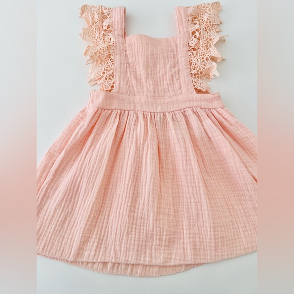 Peach Pink Cotton Linen Lace Trim Overall SunDress | Girls 3-4T - Picture 3 of 9